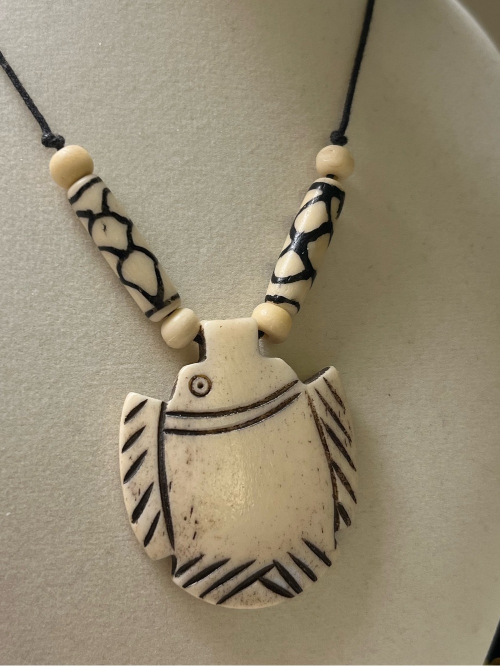 Hand-Carved Unique Bone Fish Pendant Cord Necklace